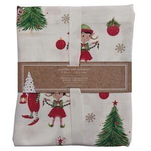 New Cupcakes and Cashmere Elf Christmas Tablecloth 60" X 84" Oblong Elves NWT